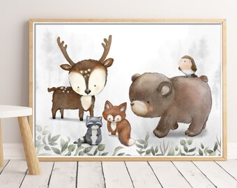 A3 Poster Nursery Prints Baby Room Decor Forest Animals Fine Art Print Woodland - Deer Fox Bear & Raccon Nature (400 gsm Paper)  /SET 45-A3