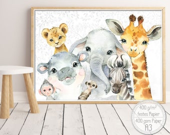 Safari Mix ~ A3 Poster Nursery Print Baby Animals Africa Giraffe,Elephant, Hippo, Giraffe, Lion, Meerkat, Gender Neutral Gift |SET 44/P-SAF