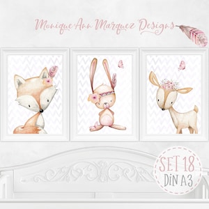 Kinderzimmer Poster (A3) Waldtiere Babyzimmer Bilder Mädchenzimmer Baby Deko Boho