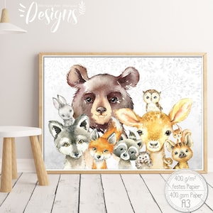 A3 Nursery Print Woodland Baby Poster, Babyroom Decor, Forest Animals Fine Art Print | 400 gsm High Quality Paper  |SET 44/P-WOOD