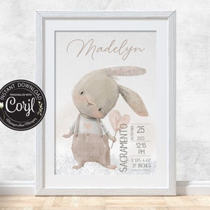 Personalized Birth Poster Nursery Print Editable & Printable Cute Rabbit [1015 BEIGE]