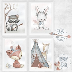 Waldtiere Bilder für Kinderzimmer | Geschenk zur Geburt | A4 Größe