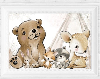 Nursery Print (A3) Forest Animals Woodland Fox, Deer, Bear - Fine Art Poster  | SET 70