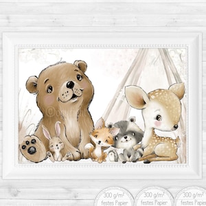 Póster habitación infantil (A3) cuadros habitación bebé animales del bosque cuadro infantil boho