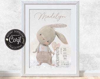 Personalized Birth Poster Nursery Print Editable & Printable Cute Rabbit [1015 BEIGE]