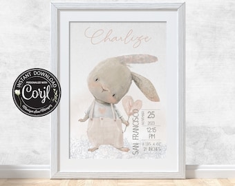 Editable, printable Nursery Birth Poster with Baby Rabbit (dusty peach / apricot)