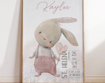 Editable & Printable Birth Poster ROSA Nursery Print Cute Rabbit [1015]