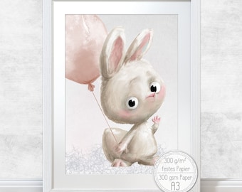 Kinder Bild Poster [A3] Hase am Ballon Waldtiere Kinderzimmer Deko Tiere Fluffy Hugs