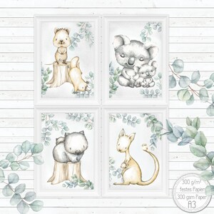 Póster Habitación Infantil (A3) Cuadros Habitación Bebé Decoración Animales Australia Koala Impresión Artística Imagen Infantil | JUEGO 60/A3