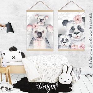 Poster für Mädchen Kinderzimmer | Koala & Panda Bär (Mama und Baby)
