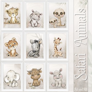 Póster habitación infantil (A3) África Safari Imágenes Animales Boho | Juego de 3 con vale