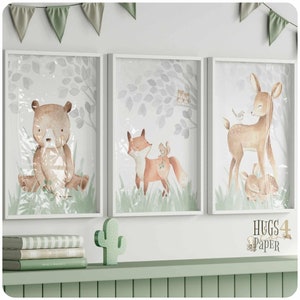 Juego de 3 carteles tamaño A3 para habitación infantil, animales del bosque, naturaleza, verde salvia