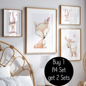 2 für 1 Angebot - Kinder Zimmer Bilder Poster Set Wald Tiere Mädchen Deko  |A5 / A4