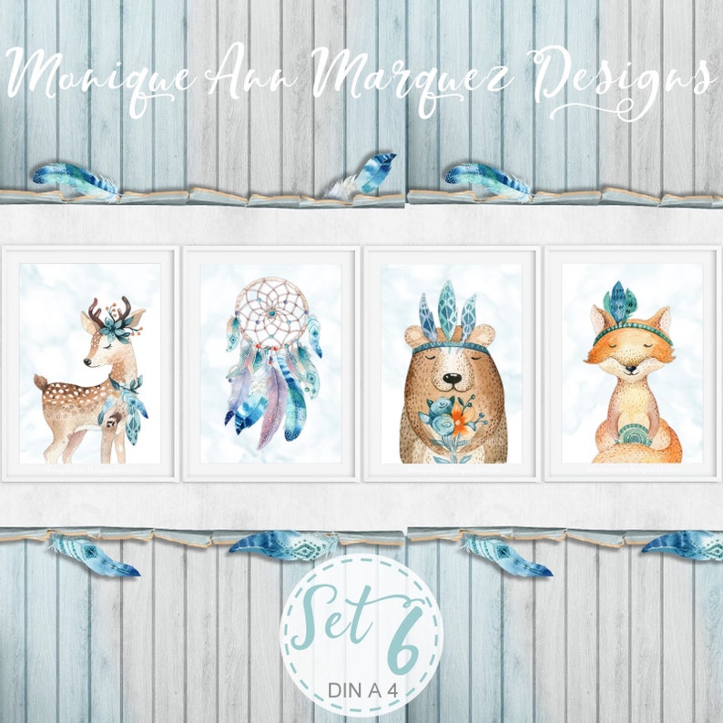 Kinderzimmer Bilder Tiere Babyzimmerbilder Bilderset Waldtiere Boho Reh Fuchs Traumfänger Digitaldruck Babyposter Kunstdruck DIN A4 SET6 Bild 1