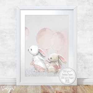 Póster Conejitos con Globo [A3] Habitación Infantil Decoración Habitación Bebé Animales Mullidos Abrazos Imagen