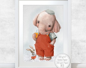 Nursery Print [A3] Cheeky elephant -Fine Art Print - Boys Room Decor | Fluffy Hugs