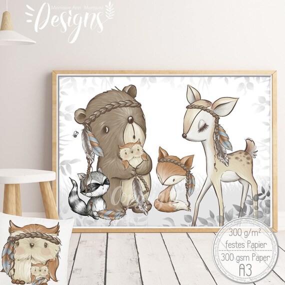 Kinderzimmer Bilder (A3) Babyzimmer Poster |  Boho Waldtiere Tiere Reh Fuchs Eule Kinderbild |SET 52