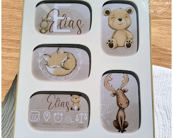 Birth announcement in a wooden picture frame with forest animals - personalized | 4019