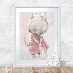 Póster infantil [A3] Gato con ratón y globo Decoración habitación de bebé Póster de abrazos esponjosos de animales