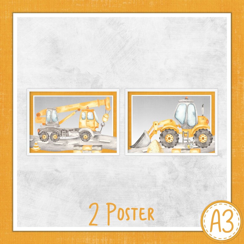 Nursery Prints Boys Room Decor Construction Vehicles Poster A3 / 2er Set