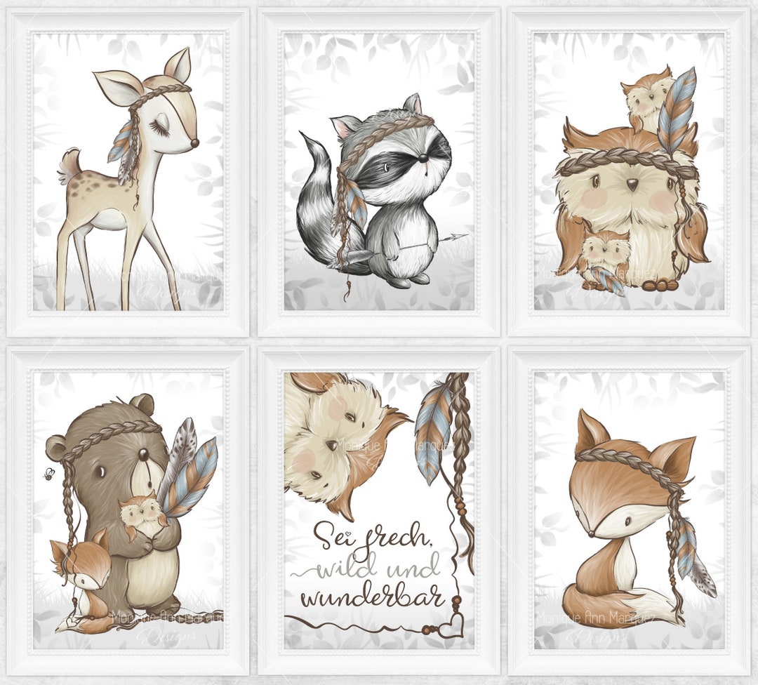Set of 6 Nursery Prints Forest Animals Woodland Boho Style & Gift Card ...
