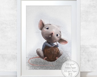 Nursery Print [A3] Cute Mouse -Fine Art Print - Boys Room Decor | Fluffy Hugs