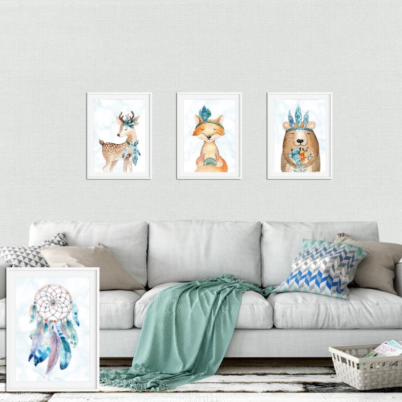 Kinderzimmer Bilder Tiere Babyzimmerbilder Bilderset Waldtiere Boho Reh Fuchs Traumfänger Digitaldruck Babyposter Kunstdruck DIN A4 SET6 Bild 4