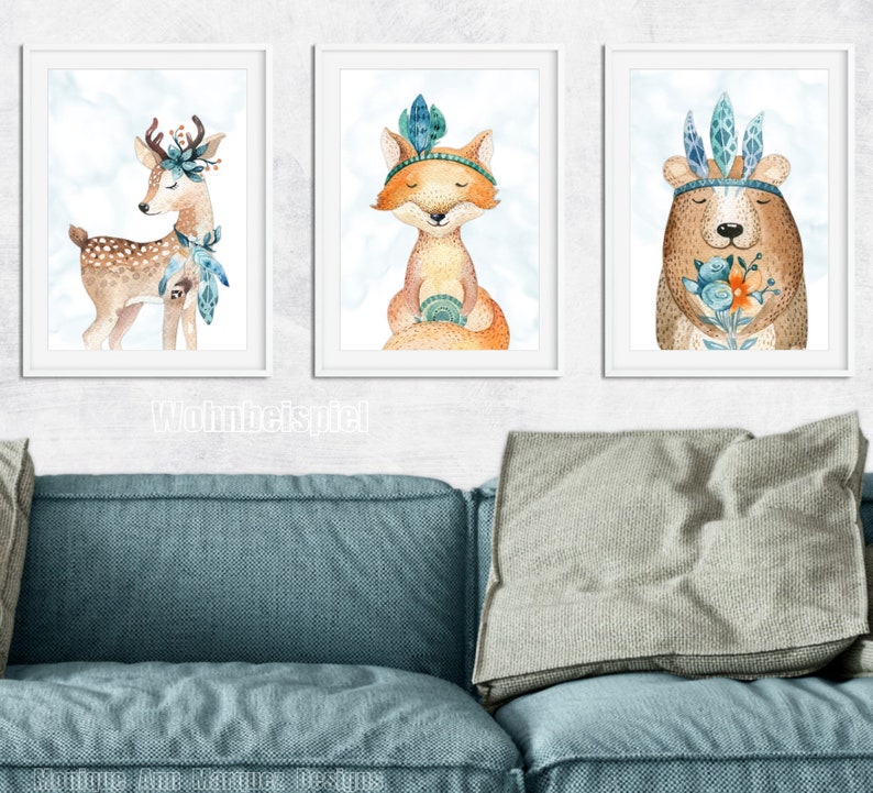 Kinderzimmer Bilder Tiere Babyzimmerbilder Bilderset Waldtiere Boho Reh Fuchs Traumfänger Digitaldruck Babyposter Kunstdruck DIN A4 SET6 Bild 3