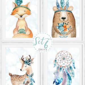 Kinderzimmer Bilder Tiere Babyzimmerbilder Bilderset Waldtiere Boho Reh Fuchs Traumfänger Digitaldruck Babyposter Kunstdruck DIN A4 SET6 Bild 2