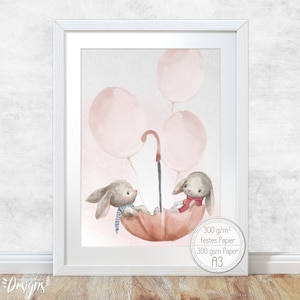 Póster infantil [A3] Conejitos en paraguas y globos Decoración habitación de bebé Póster de abrazos esponjosos de animales
