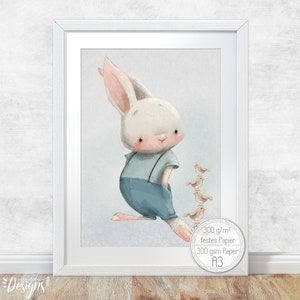 Cuadro para habitación infantil [A3] Conejito descarado con peto, decoración para habitación de bebé, animales, imagen de abrazos esponjosos