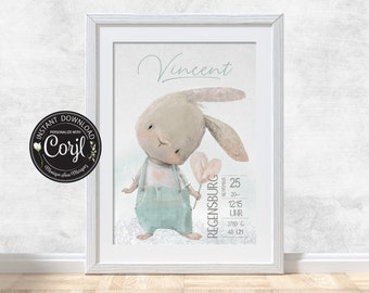 Birth Poster MINT Editable & Printable Nursery Print Cute Rabbit [1015]