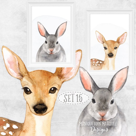 Bilder Set Wald Tiere Reh Fuchs Hase Waschbär Baby Kinder Zimmer Bild A4SET15