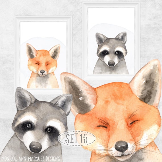 Bilder Set Wald Tiere Reh Fuchs Hase Waschbär Baby Kinder Zimmer Bild A4SET15