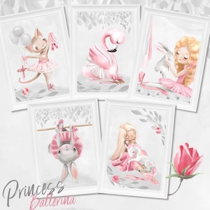 Mädchen Kinderzimmer (A3) Poster 5 tlg. Bilder Set  - Tiere Einhorn Prinzessin Ballerina Kinderbild | SET 40/A3