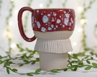 Large toadstool pottery mug for forest witch, big Cottagecore ceramic cup for birthday, red white glaze mushroom for tea or coffee