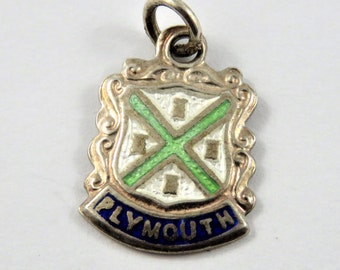 Enameled Plymouth England Travel Shield Sterling Silver Charm or Pendant.