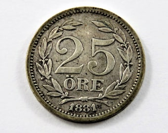 Sweden 1881 EB Silver 25 Ore Coin.