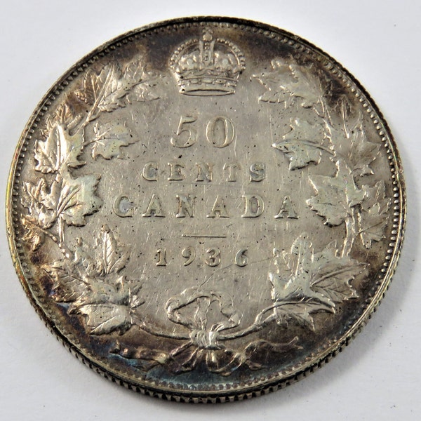 Canada 1936 Silver 50 Cents Coin. Low Mintage-38550 Coins. Lightly Cleaned.