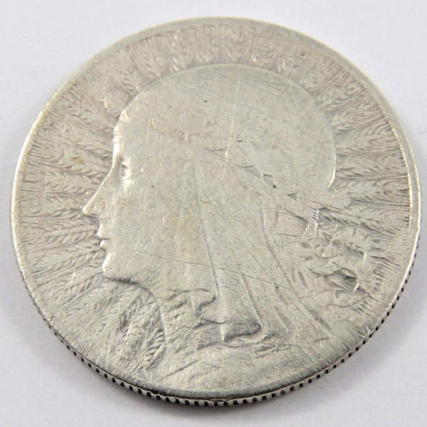 Pologne 1933 Silver Queen Jadwiga 5 Zlotych Coin. Légèrement rayé.