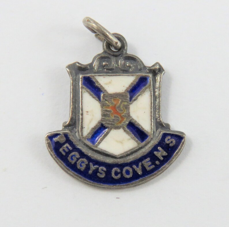 Enameled Peggy/'s Cove Nova Scotia Canada Travel Shield Sterling Silver Charm of Pendant.