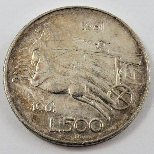 Italy 1961 R Silver 500 Lire Coin. Subject- Italian Unification Centennial. Toned
