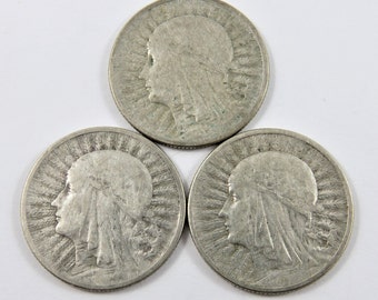 Group of (3) Poland Silver 2 Zlote Coins Dated 1932 1933 1934. Warsaw Mint.