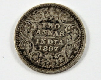 India-British 1897 Silver 2 Annas Coin.