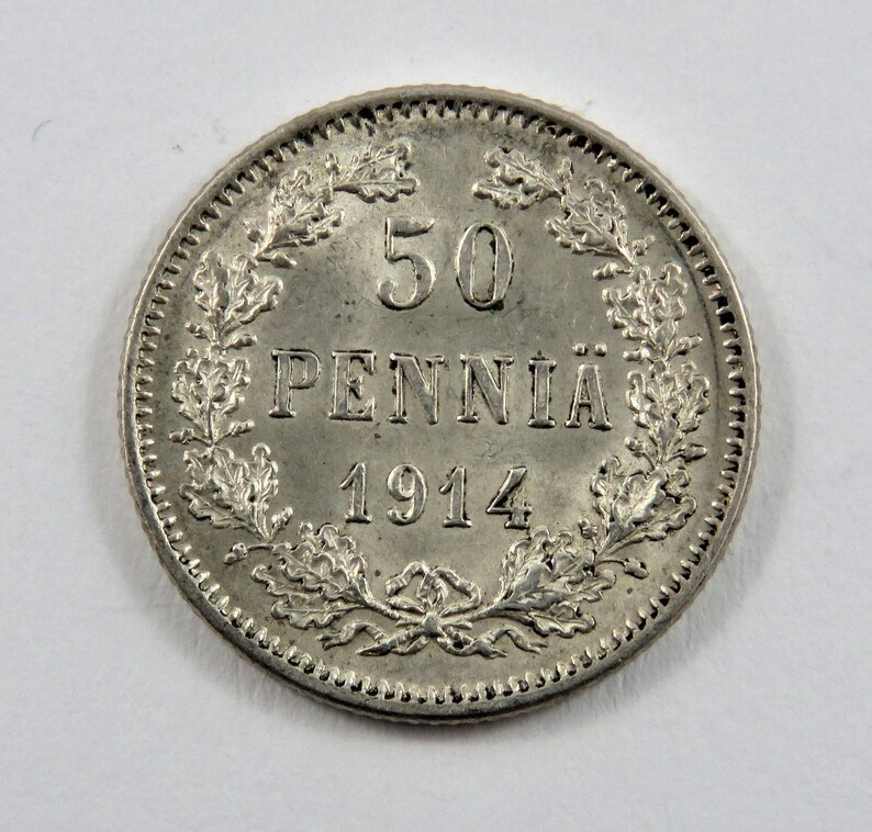 Finland 1914 S Silver 50 Pennia Coin.