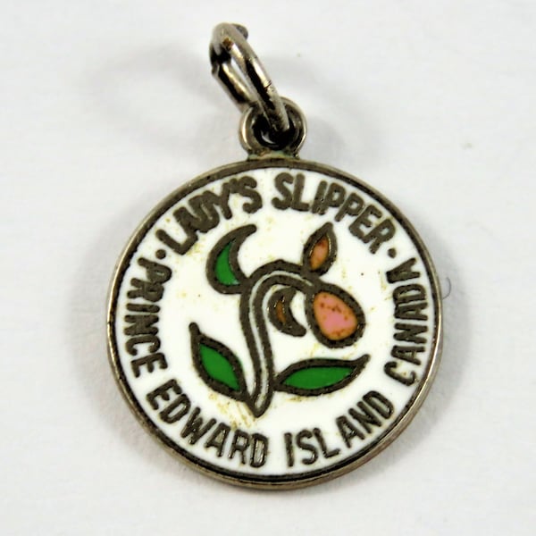 Enameled Lady's Slipper Prince Edward Island Canada Sterling Silver Charm or Pendant.