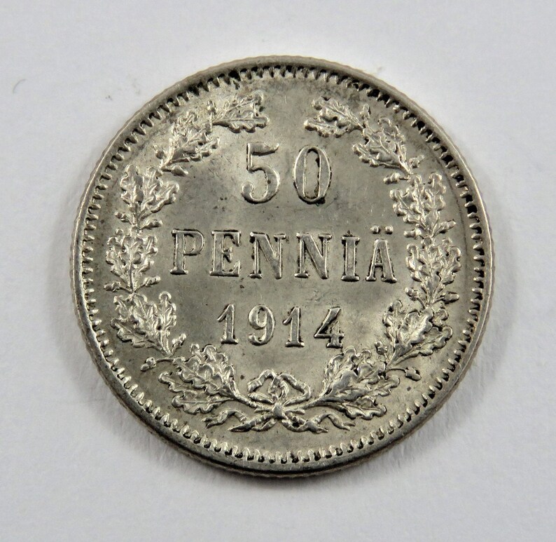 Finland 1914 S Silver 50 Pennia Coin.