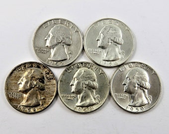 Group of (5) U.S. 1952 D 1954 D 1956 D 1958 D 1959 D Silver Washington Quarter Coins.