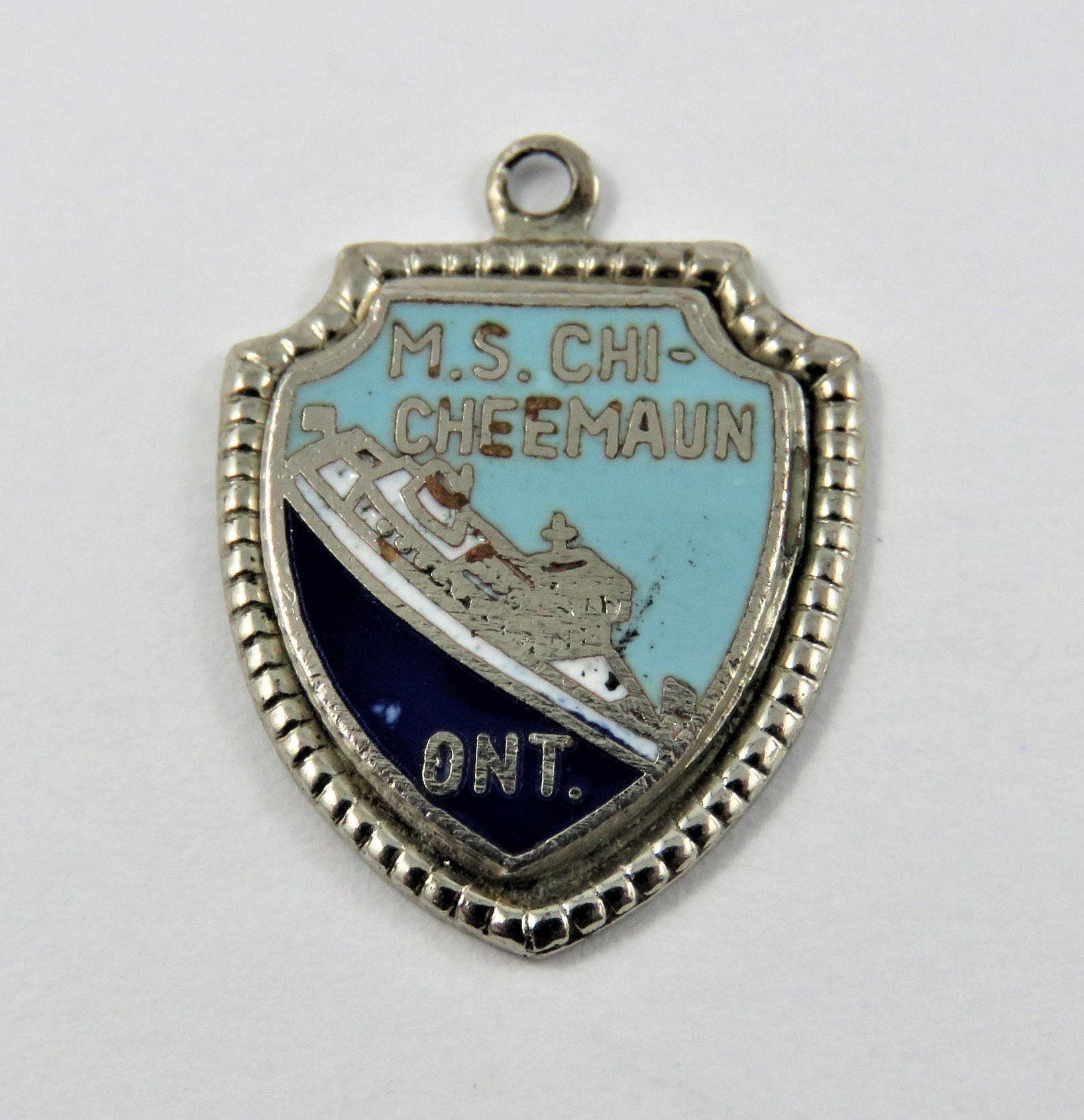 Snameta M.S. Chi-Cheemaun Ontario Canada Travel Shield Sterling Fascino d'argento di Pendant.