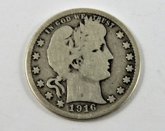 U.S. 1916 D Silver Barber Quarter Coin.